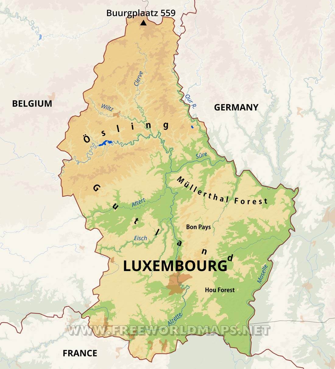 Interactive map of Luxembourg showing topography and regions